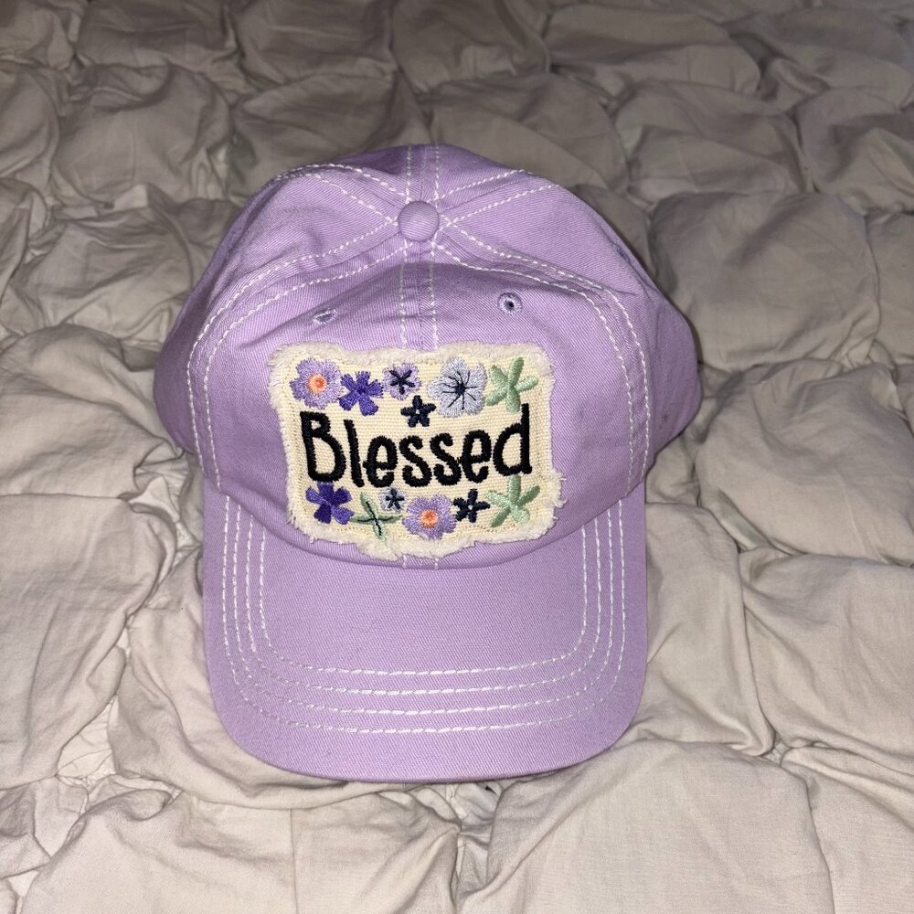 Anthropologie "Blessed" Floral Embroidered Lavender Baseball Cap